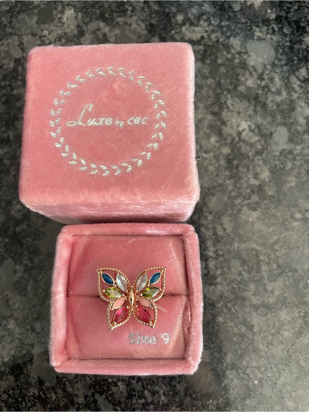 Multicolor Butterfly Size 9 Ring - Pink Box